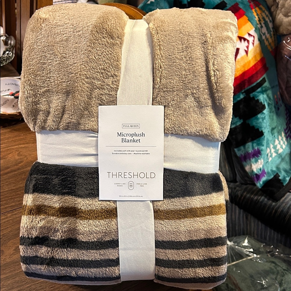 Threshold Beige and Brown Striped Microplush Throw Blanket